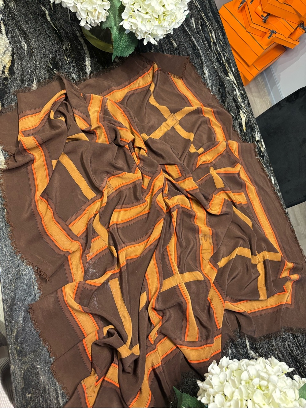 Burberry Brown Scarf with Orange and Tan Stripes